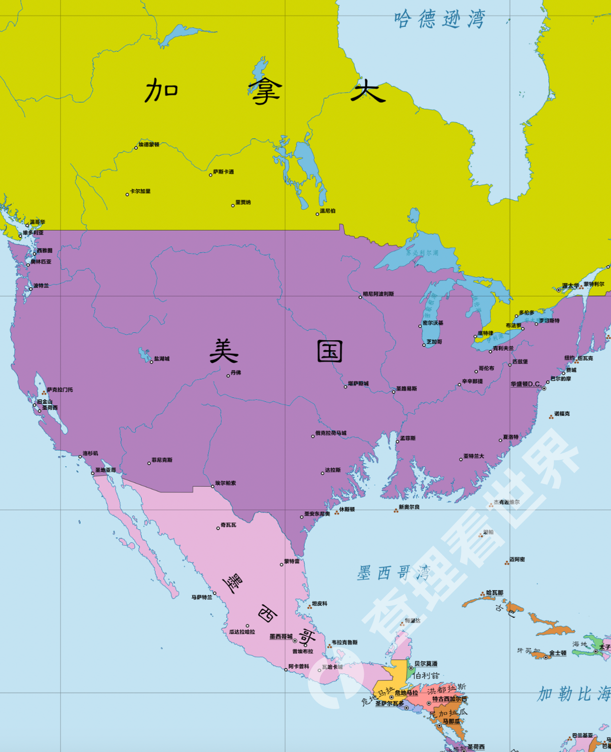 地图转向美国东西海岸以及墨西哥湾沿岸看看有多少城市沉没有多少城市