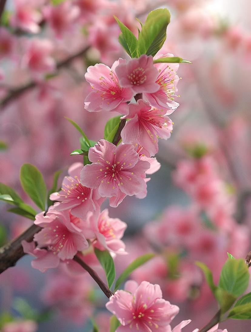 桃花,蔷薇科桃李属的多年生乔木植物桃树的花,树干灰