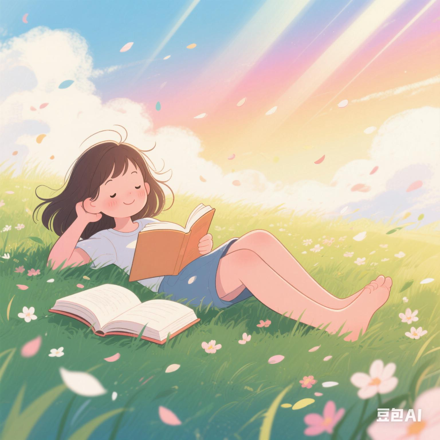ai生成3张小女孩在阳光下,草地上读书的图片,没达到我的想象,看来
