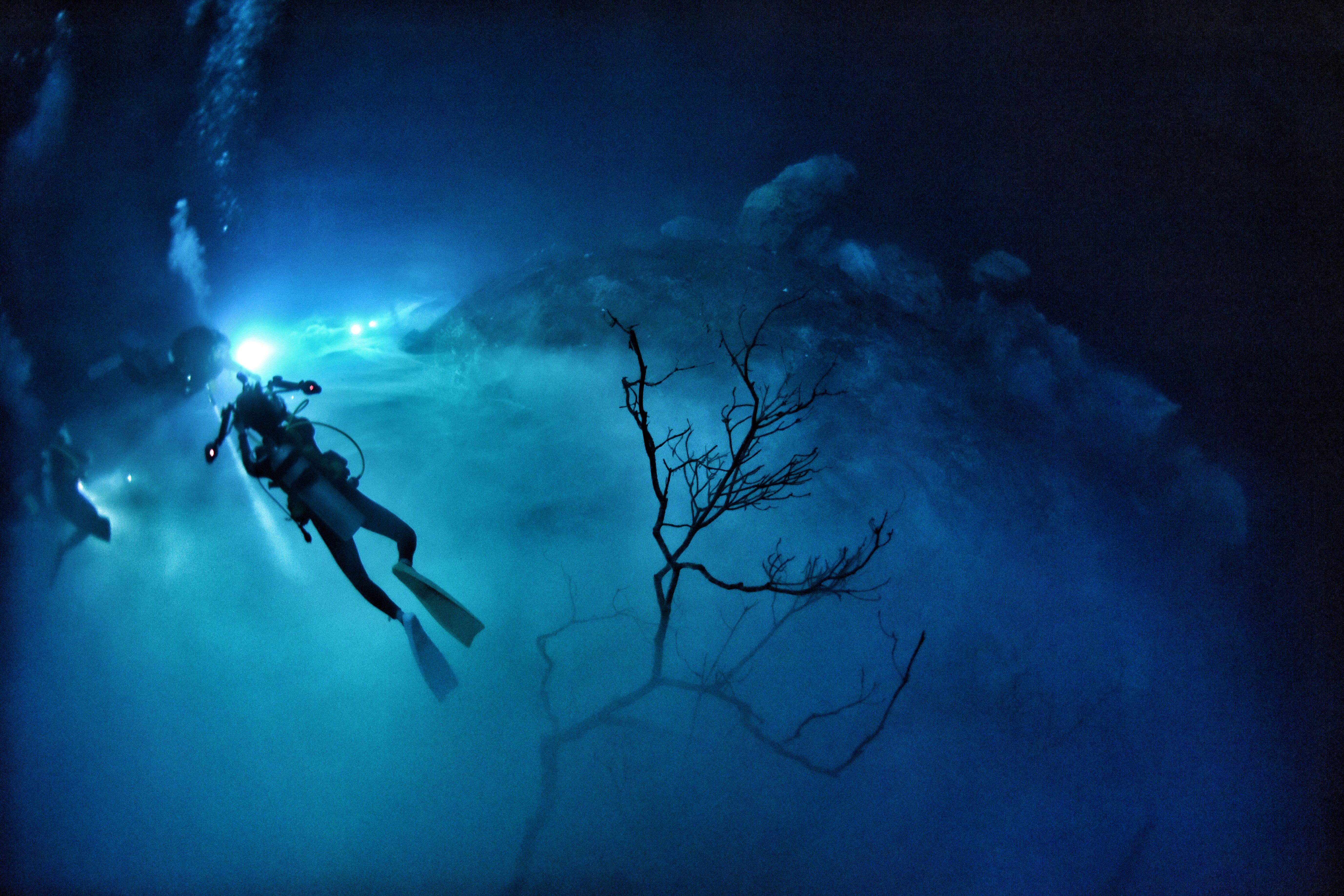 深海中潜水游泳的图片