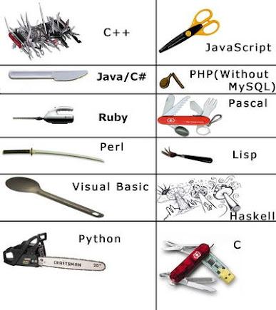 如果把 Java、PHP、C#、C、C++、Python 分别用一个人或一件东西来比喻，用什么来比喻比较恰当？