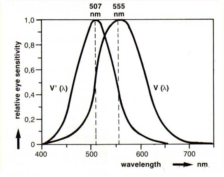 根据上面的光谱光效率曲线(视见函数,明视觉下,人眼对 555nm 绿色