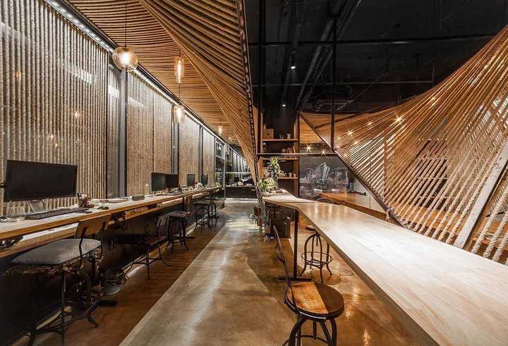 给梁柱空间披上温润麻绳外衣的文创办公(麻绳工作室)