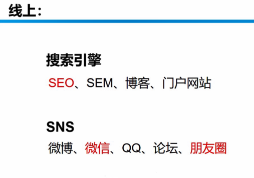 1、sns:各社交平台2、搜索引擎：seo：搜索引擎优化，提高网站排名。sem:搜索