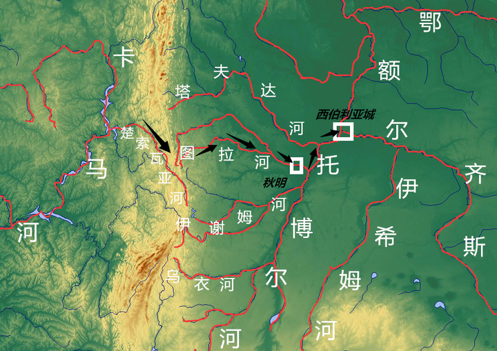 在1581年9月,叶尔马克沿着楚索瓦亚河上速,然后转部分陆路和水路,转向