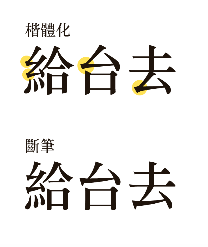 印刷體中有一個叫「斷筆」的設計,與楷體化字形上下對比,下面的就顯得