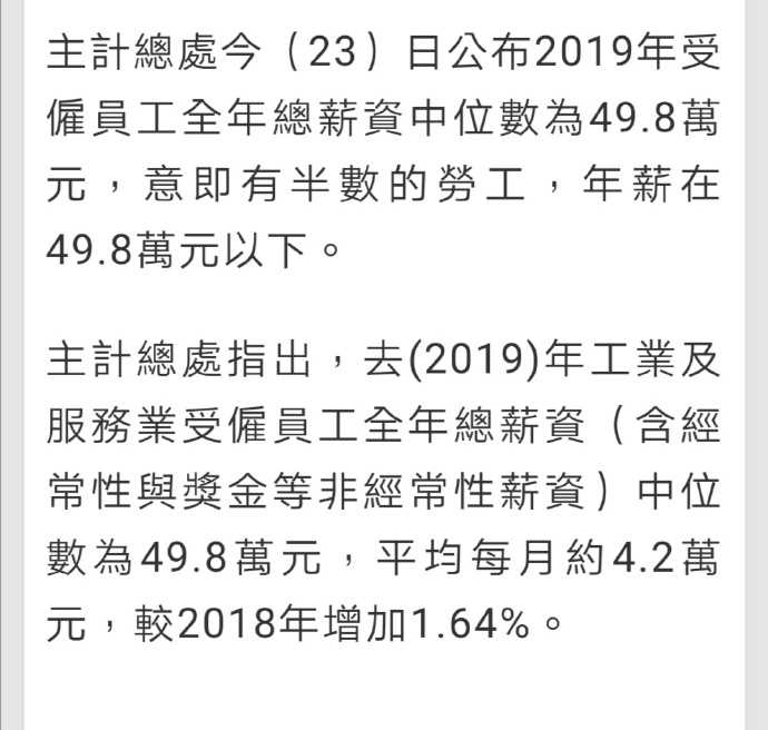 臺灣主計處今天公佈的2019年臺灣人年薪中位數年薪498萬新臺幣按今天