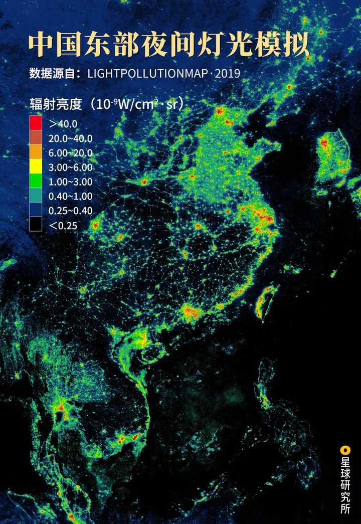 中国东部夜间灯光模拟,制图@王朝阳amp;张靖/星球研究所