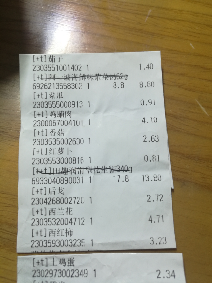 附永辉买菜小票(无视花生酱紫菜啥的,这些菜我吃了两天还没吃完@-@)