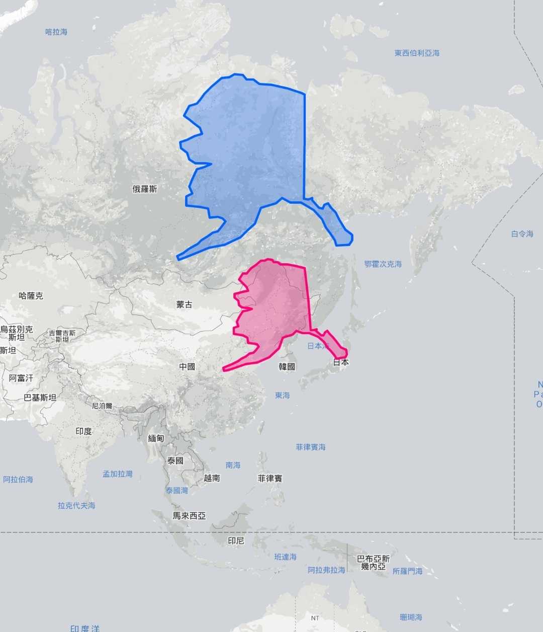 有一个网站叫:the true size,可以在墨卡托投影地图上,通过移动各国