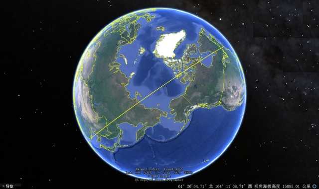 上海—纽约大圆航线示意图(太空视角)