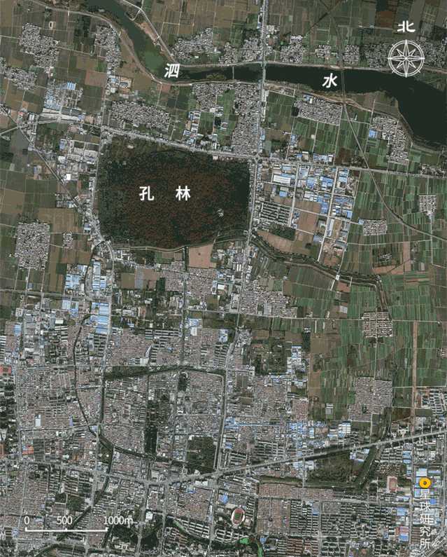 山东曲阜鲁国故城遗址卫星图,左下角的小城为明清曲阜县城,范围大为
