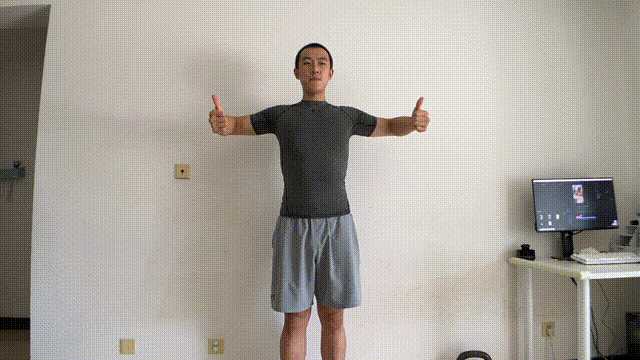 中立位站姿,大臂侧平举,弯曲小臂直至小臂垂直地面,类似于二头弯举的
