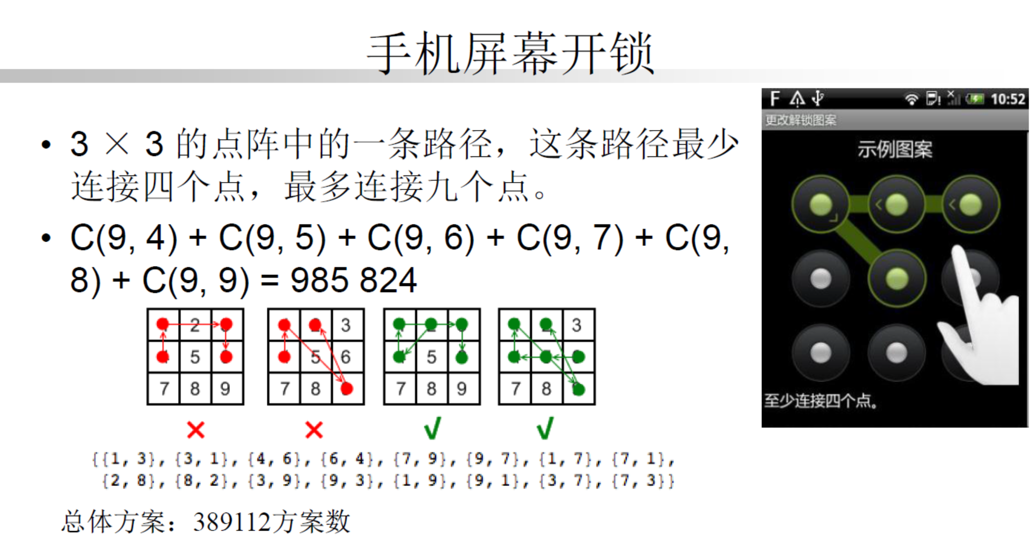 手机九个点解锁的一共能有多少种解锁手势最少四个连线