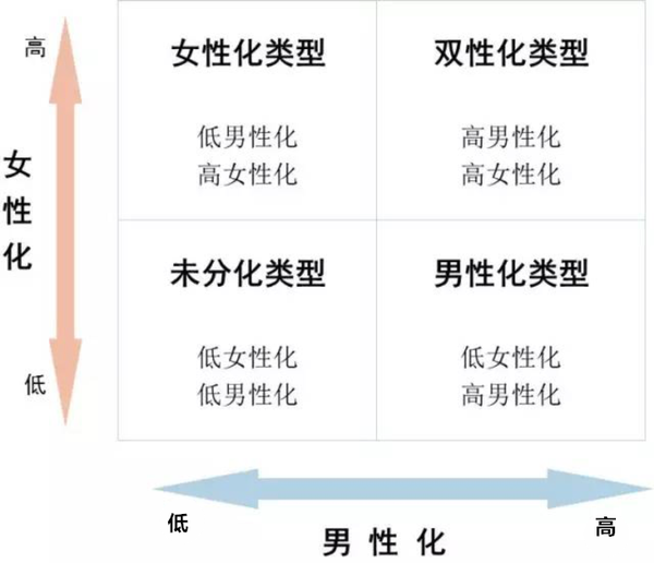 自此人们开始以多维的视角看待性别,性别角色的类型有了下图中 2×2