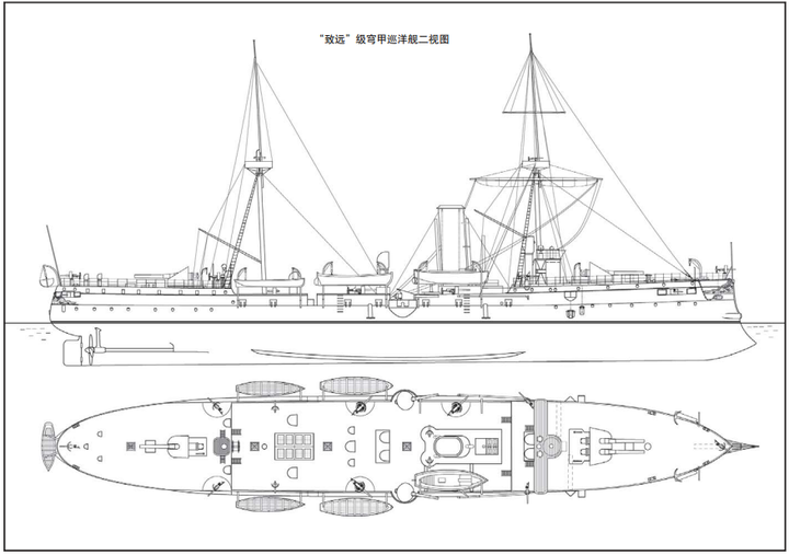 《北洋海軍艦船志》,上圖為致遠線圖,下圖中上為防護巡洋艦吉野,下為