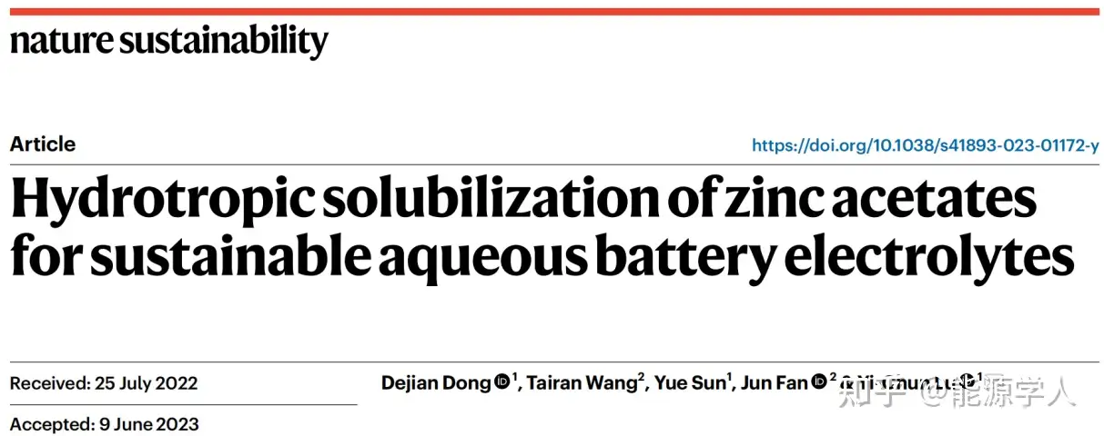 Hydrotropic solubilization of zinc acetates for sustainable aqueous battery  electrolytes