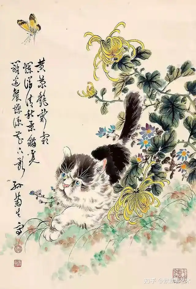 猫 花 蝶 肉筆 水墨画 詳細不明 中国美術 中国-