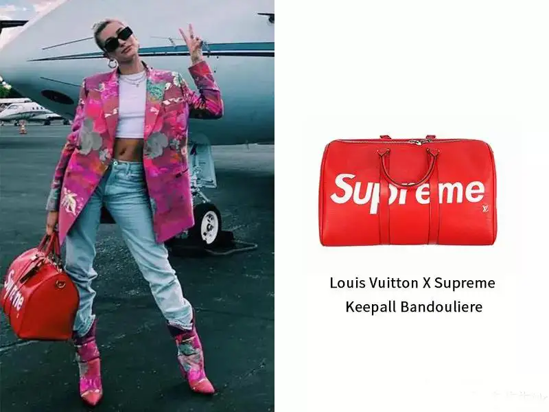 Hailey Baldwin Totes Red Louis Vuitton Supreme Keepall Bandouliere Bag