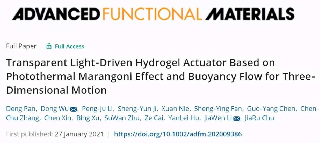 中国科学技术大学李家文/吴东《AFM》光热Marangoni效应和浮力流3D运动