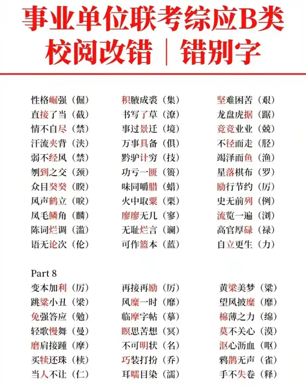 考前提分事业单位联考综应b类校阅改错常见错别字大全