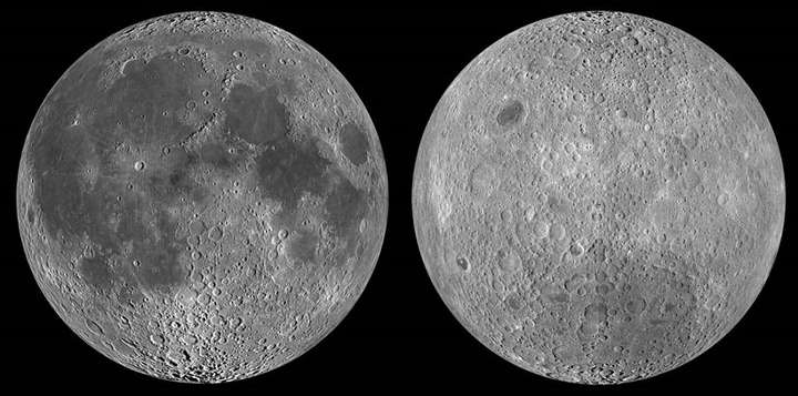 人类在地球上永远只能看到的月球正面(左)和看不全的背面(右)(图片