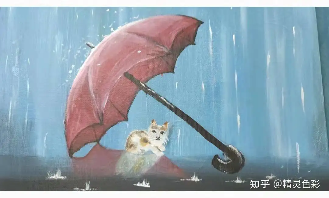 油画丙烯红伞下的小花猫- 知乎