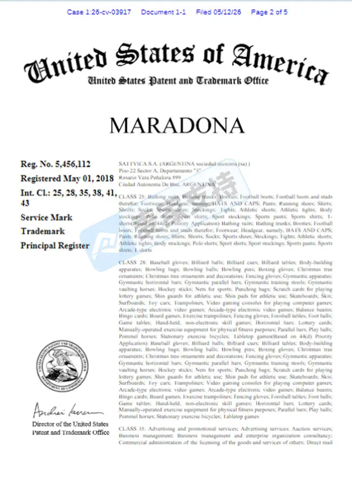 26-cv-03917，足球之王Maradona商标维权，跨境卖家需注意，多个类目有侵权风险