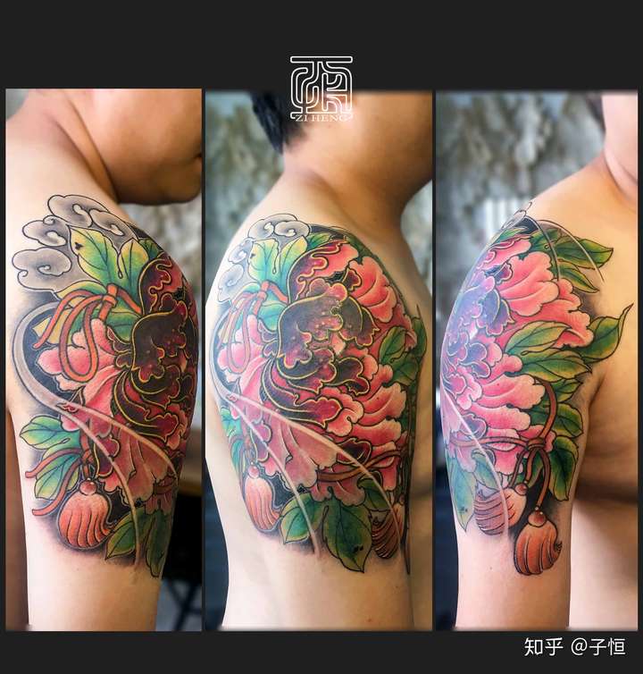 国花:牡丹纹身,一个过程,遮盖作品. 吉