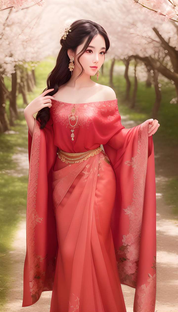 人工智能艺术画作展示-2023年03月25日(樱花古装金丝红色服装美女 )