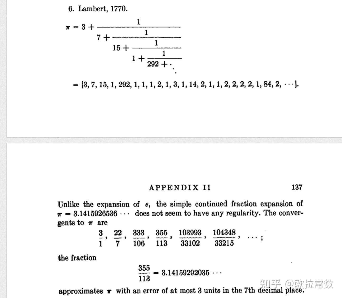 1770年数学家兰伯特发现的圆周率p的连分数展开公式与p的7个渐进分数 知乎