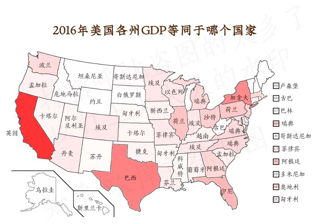 2016年美国各州gdp和世界各国对比图 知乎