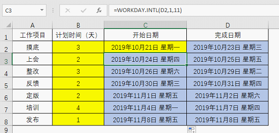 excel计算时间函数以及如何计算项目的开始和完成日期