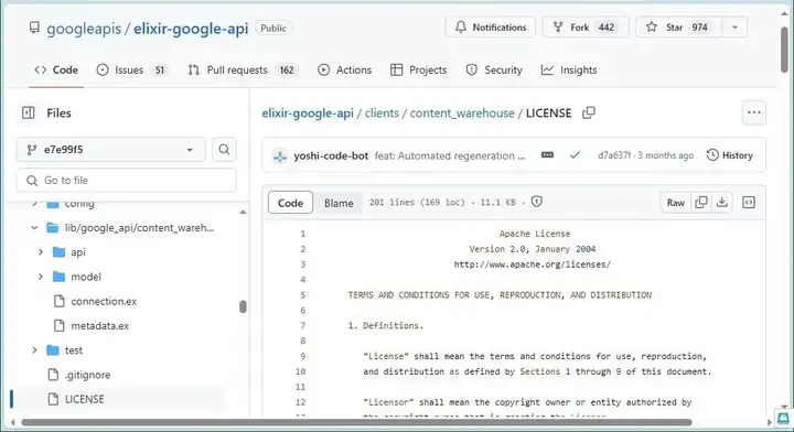 截图：谷歌内容仓库的开源许可证