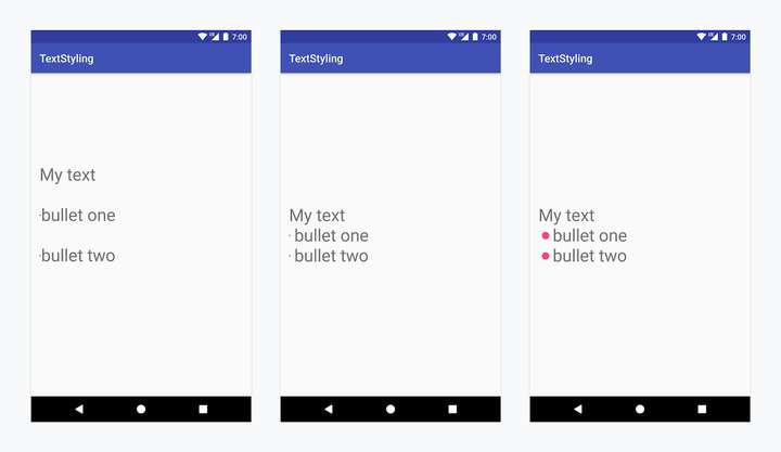 左图：使用 HTML 标签；中图：使用 BulletSpan，默认圆点大小；右图：在 Android P 上使用 BulletSpan 或者自定义实现。