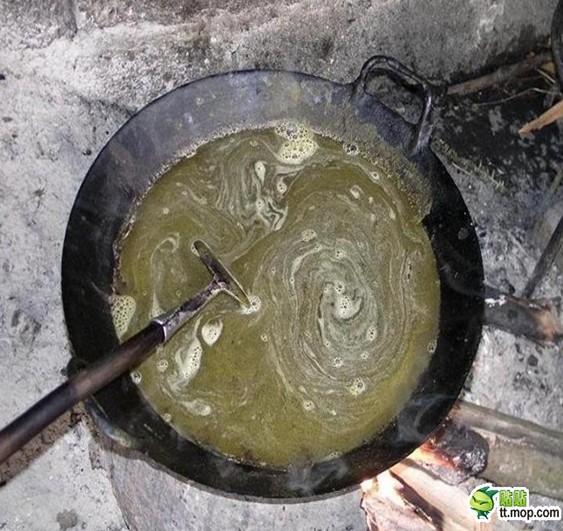 将炒过的肠子切碎,加入到汤中煮