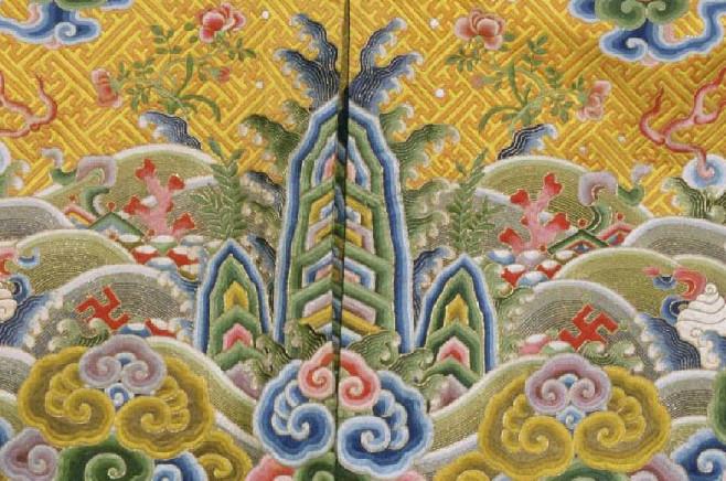 龙袍(吉服袍)中用八宝立水(朝服则用八宝平水),由八宝纹和立水纹组成.