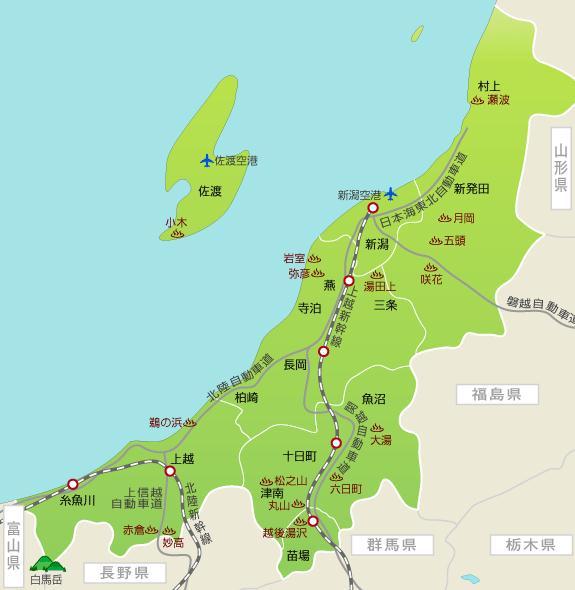 再来看看新潟県的地图,然后介绍每个地方的特色,以及有什么景点推荐从