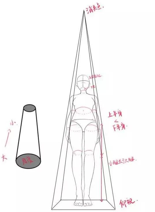 俯视俯视和仰视相反,头部离视线点最近,所以头的比例放大,脚的比例