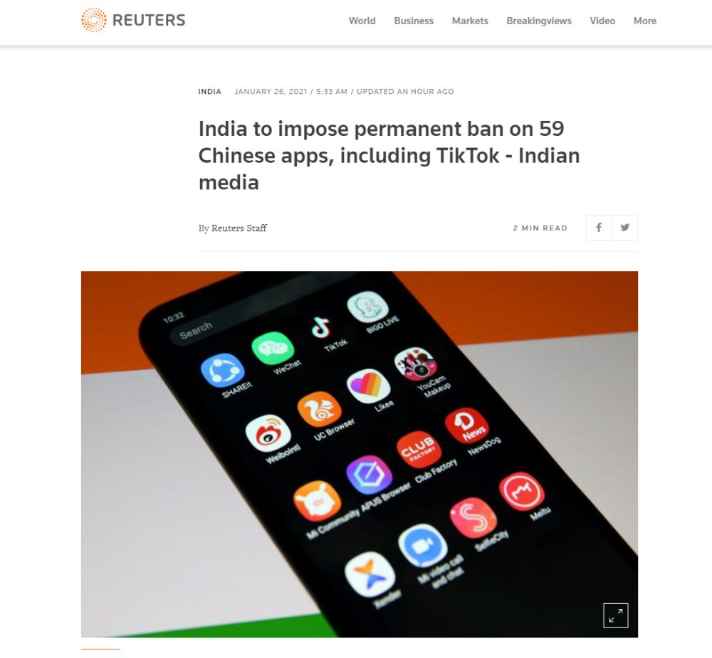不給自己留後路印度宣佈永久封禁百度tiktok在內的59款中國app