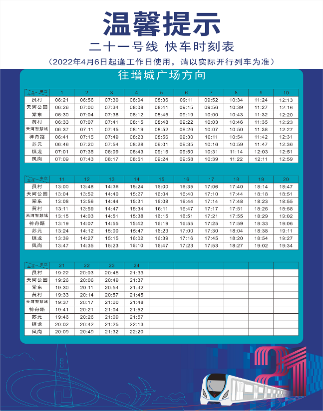 自2022年4月2日起,廣州地鐵二十一號線快車時刻表有所調整.