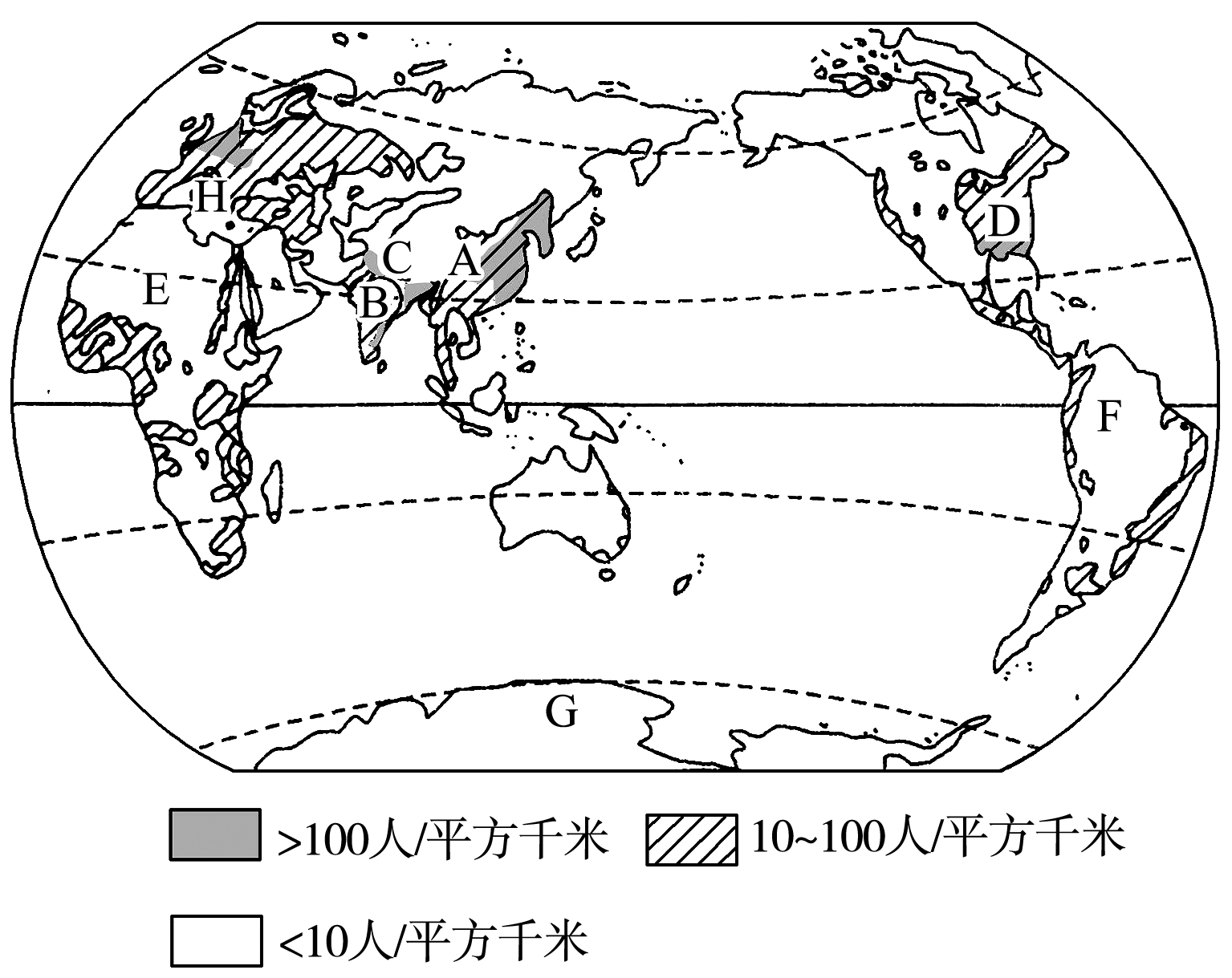 世界人口分布图(1)图中a,b,________,________(填字母)四地,是世界上