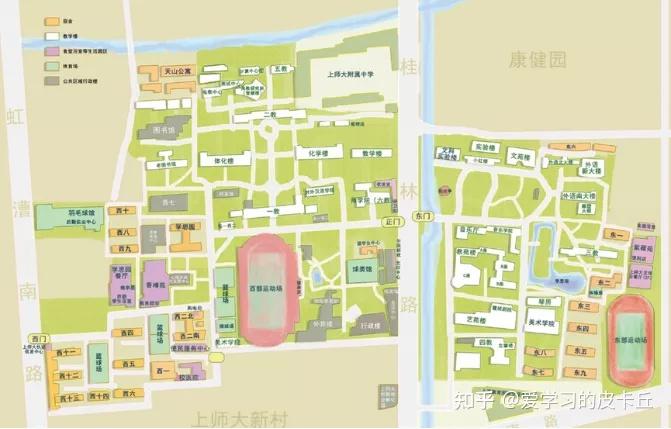 上海師範大學徐匯校區位於桂林路100號,佔地477畝,被馬路分隔為西部與