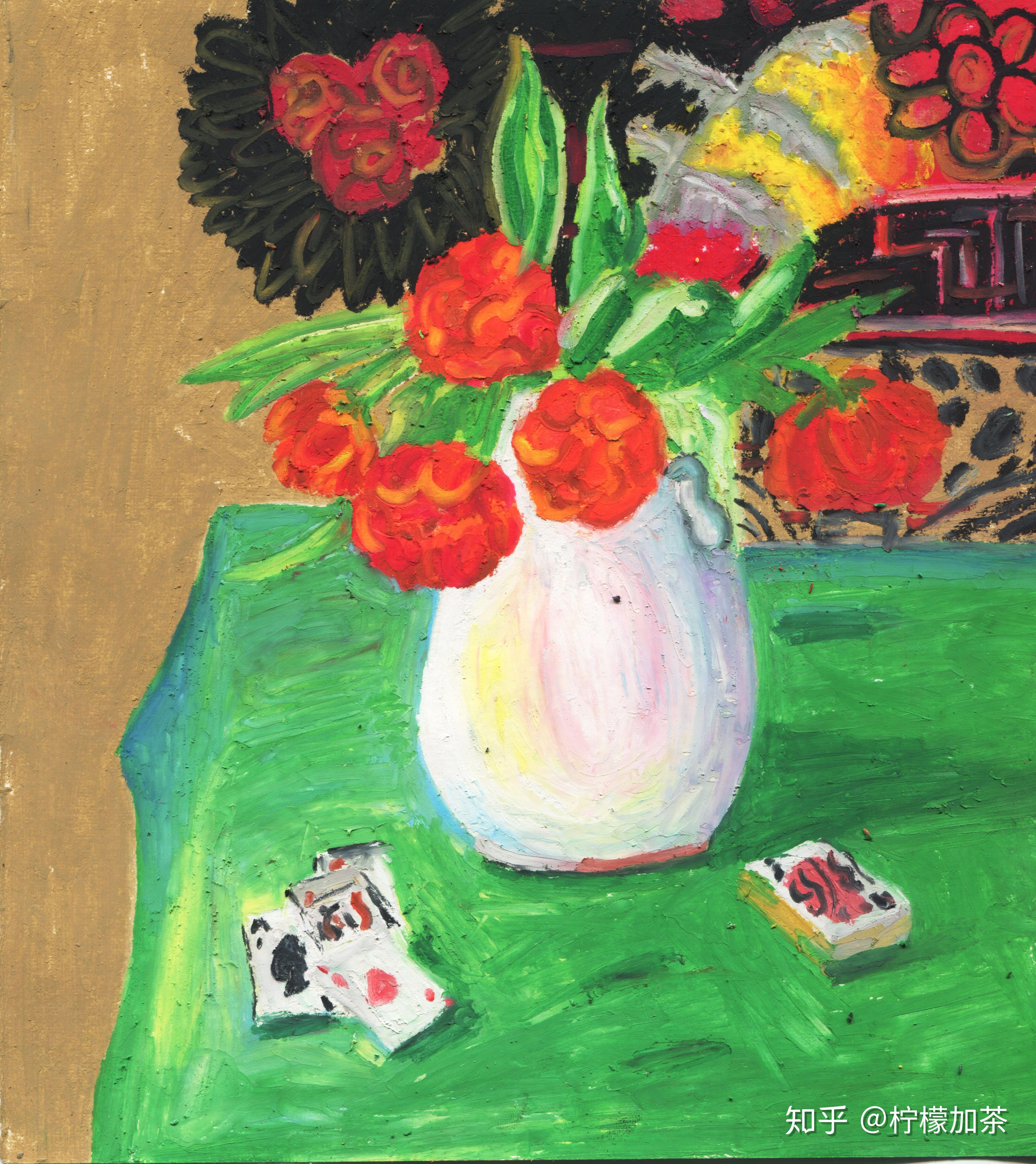 第五步:处理背景细节和扑克牌.同时也把花杆花叶和绿色桌布一起处理.