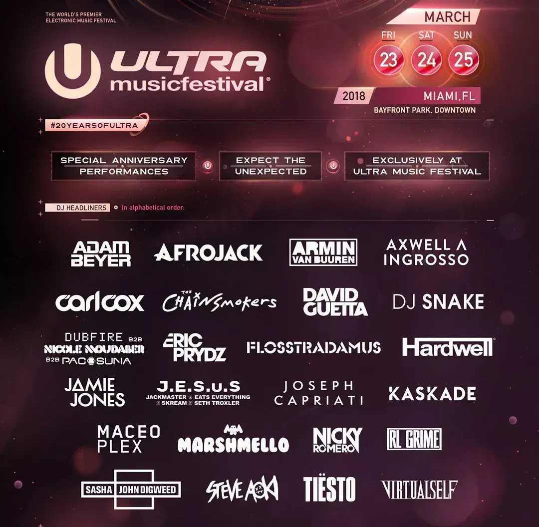 2018 ultra miami迈阿密电音节现已发布两批阵容嘉宾名单:烟鬼the