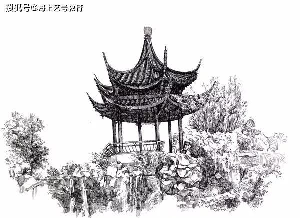 这张练习的是假山石块的表现,还有夹杂的绿化,亭子倒是画的很一般
