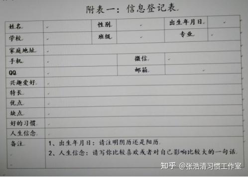 我设计了一张信息登记表(见附表一,在新生刚开学时,让每一个学生都