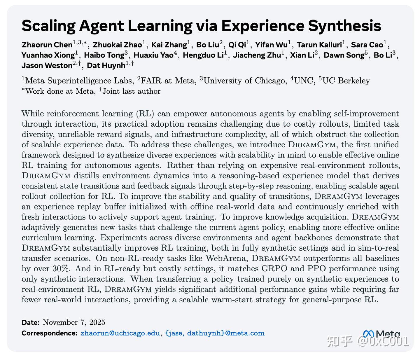 Meta AI：Scaling Agent Learning via Experience Synthesis - 知乎
