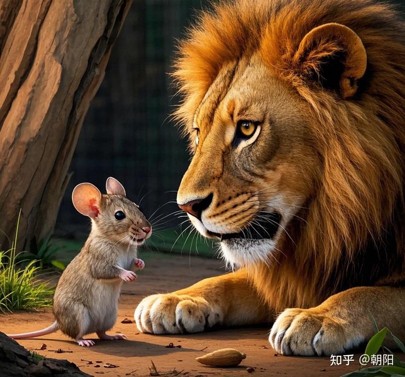 狮子和老鼠 朝阳 小老鼠帮助被困的狮子,狮子因此感激并放过老鼠,展示