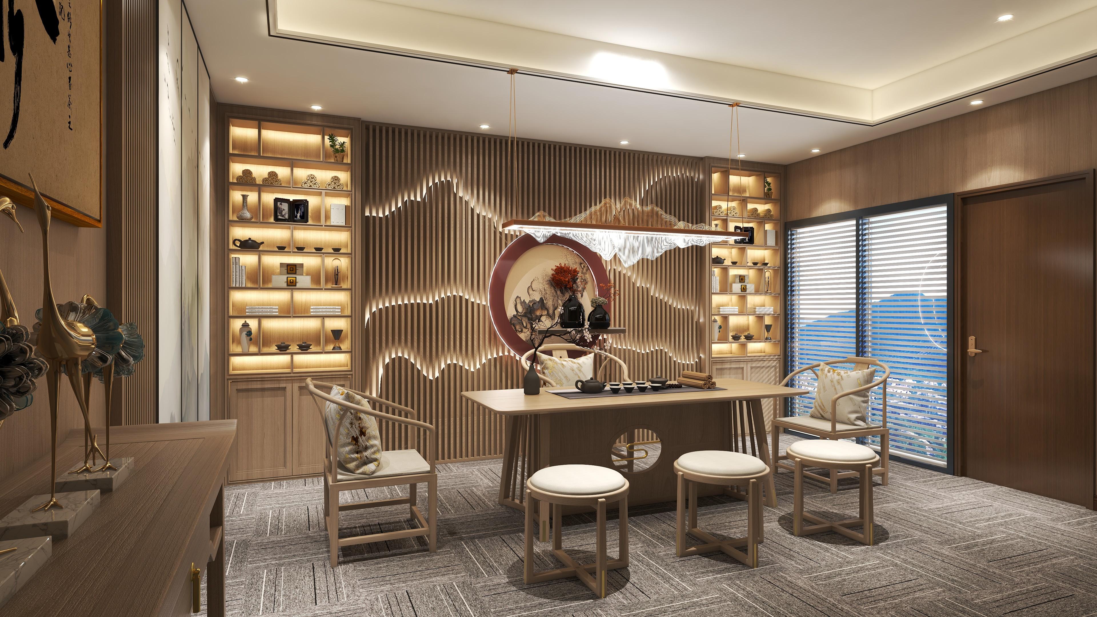 把中式艺术融入新中式茶室坐拥山河湖景笑谈云卷风舒